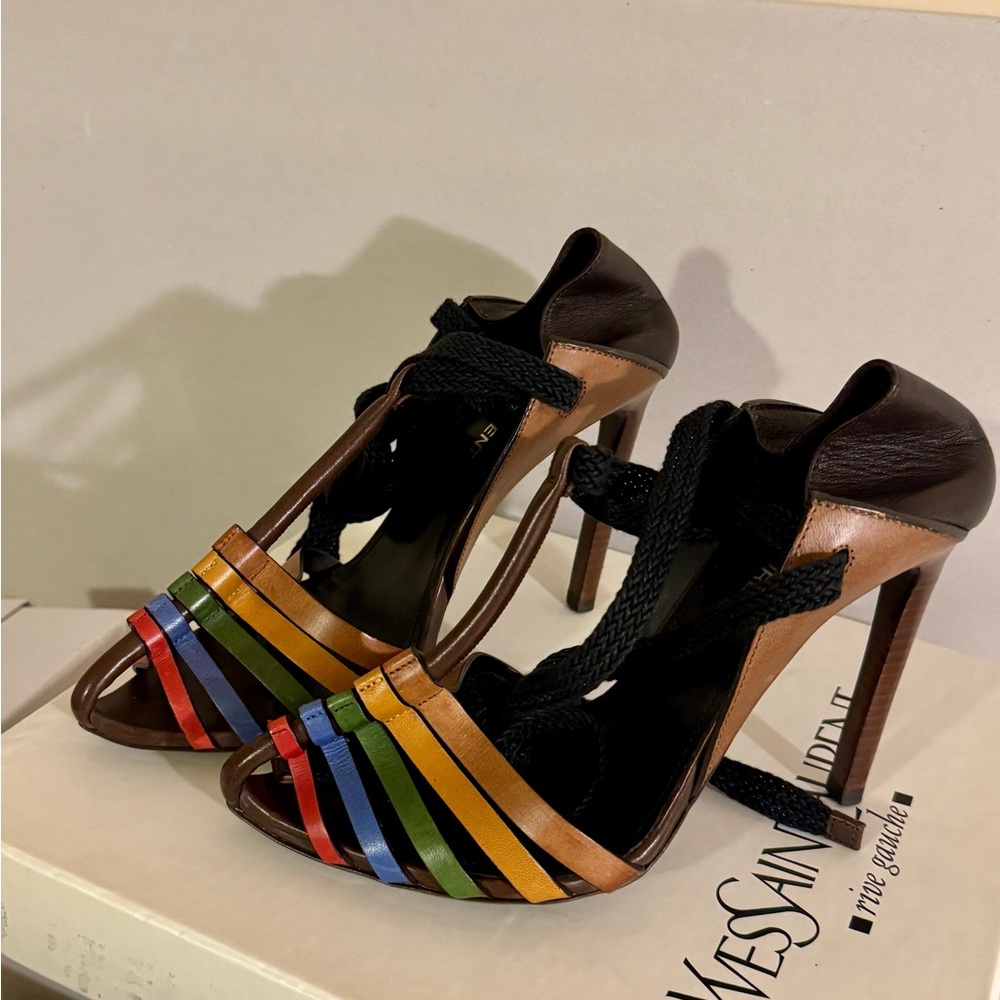 Yves Saint Laurent Multicolor Strappy Leather High Heels - Picture 3 of 6
